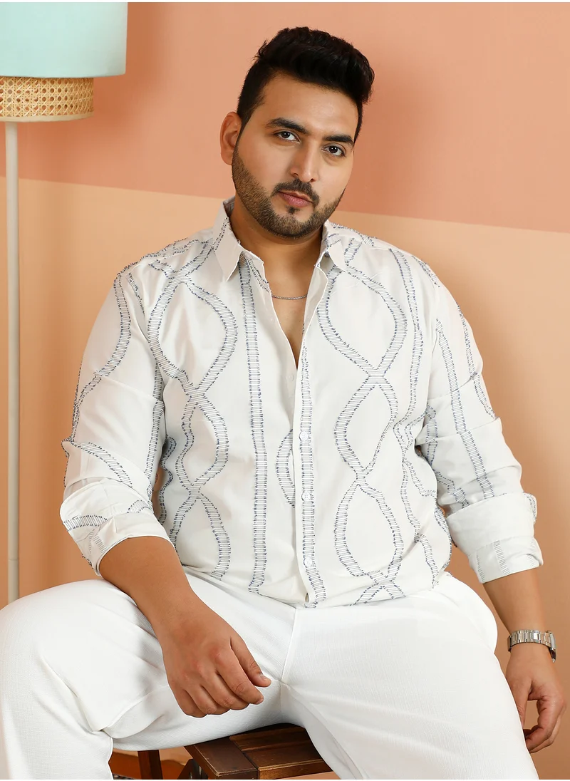 انستافاب بلس Instafab Plus Men's Chalk White Spiral-Weave Shirt For Casual Wear | Spread Collar | Long Cuffed Sleeves | Button Closure | Plus Size Shirt Crafted With Comfort Fit For Everyday Wear