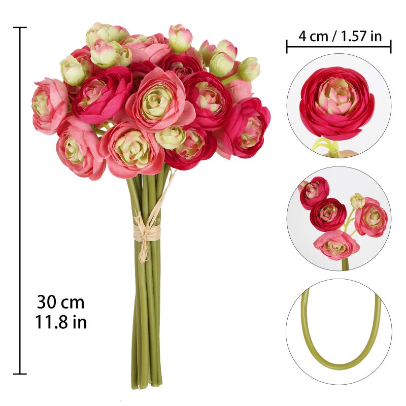 IPOPU Artificial Ranunculus Deep Pink Silk Flowers with Stems 12PCS Mini Fake Flowers for DIY Wedding Bouquet Bridal Shower Decorations Floral Filler Flowers Centerpieces (Shade of Hot Pink) - Image 2