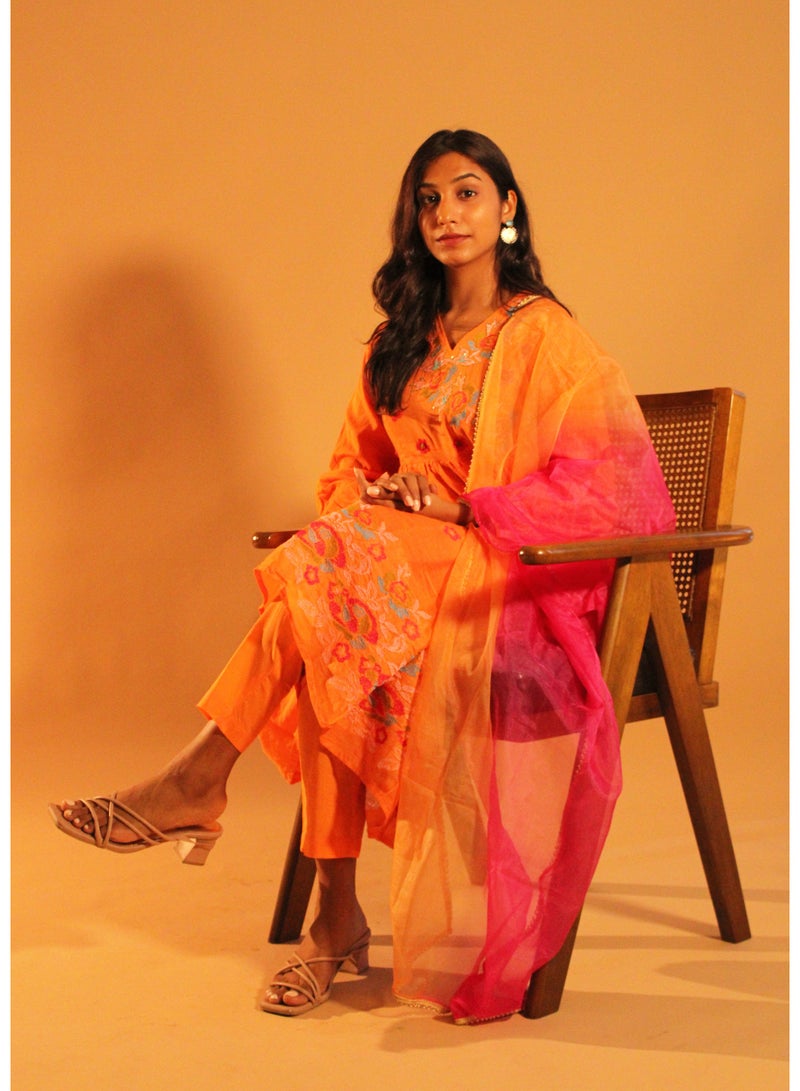 zaha dxb Orange Pink Anarkali Salwar Kameez Set | Cotton Ethnic Wear for Women - Image 5