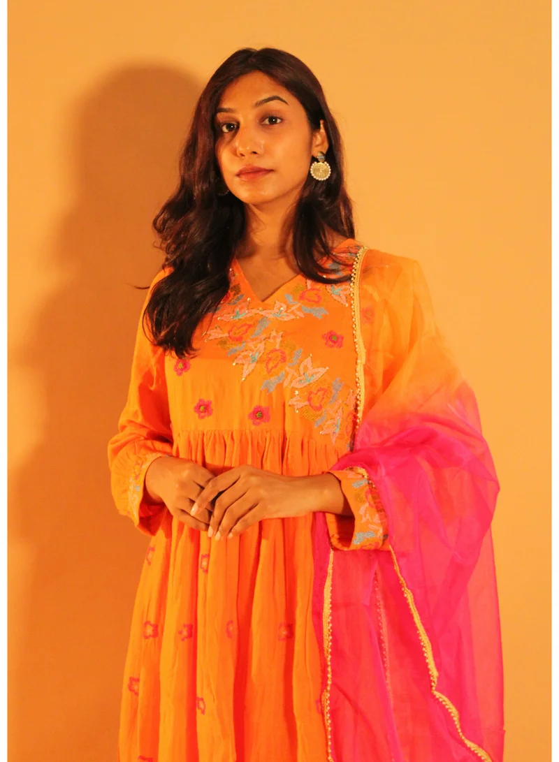 zaha dxb Orange Pink Anarkali Salwar Kameez Set | Cotton Ethnic Wear for Women