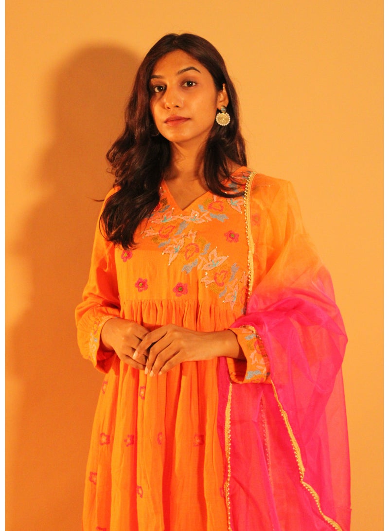 zaha dxb Orange Pink Anarkali Salwar Kameez Set | Cotton Ethnic Wear for Women - Image 1