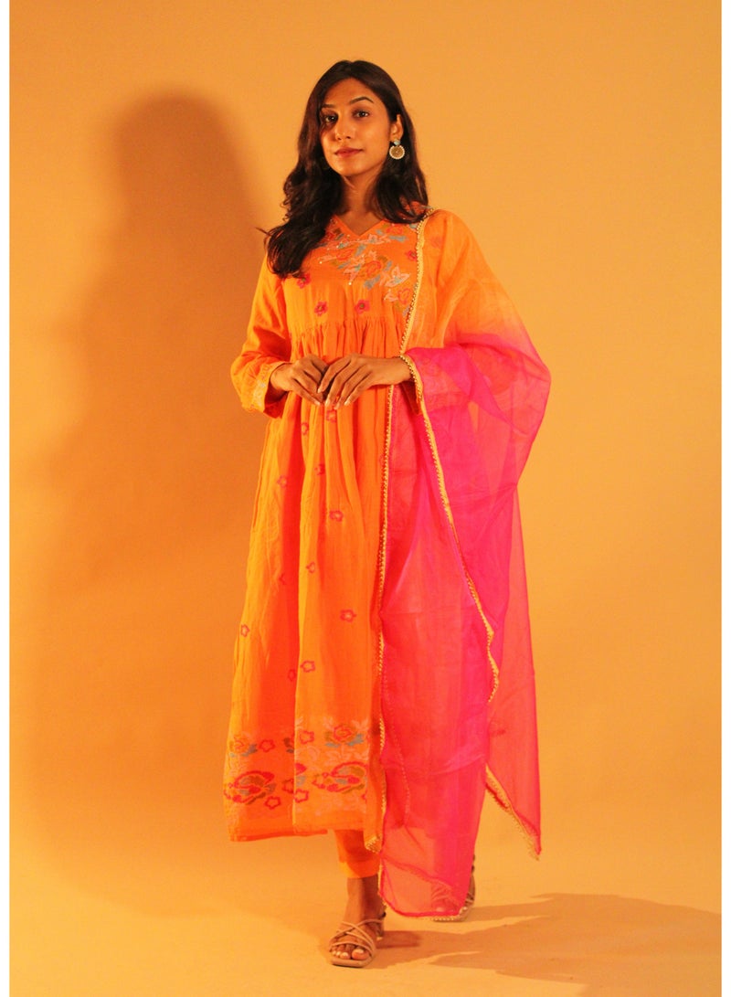 zaha dxb Orange Pink Anarkali Salwar Kameez Set | Cotton Ethnic Wear for Women - Image 4