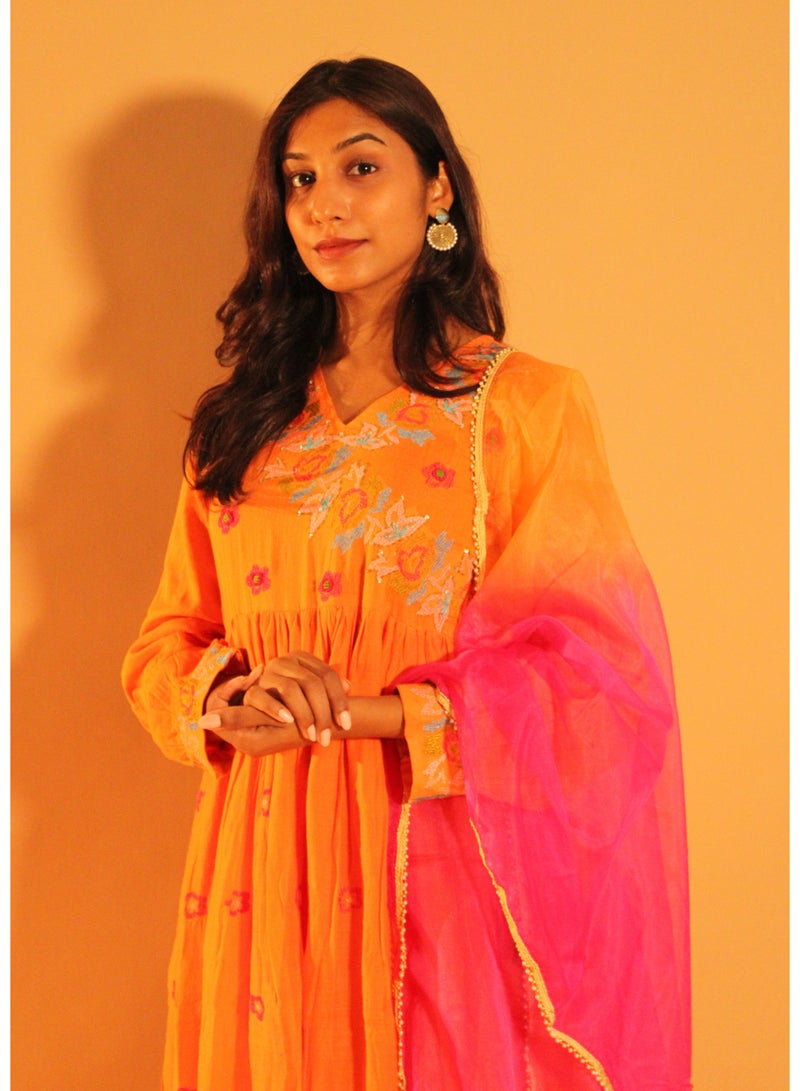 zaha dxb Orange Pink Anarkali Salwar Kameez Set | Cotton Ethnic Wear for Women - Image 2
