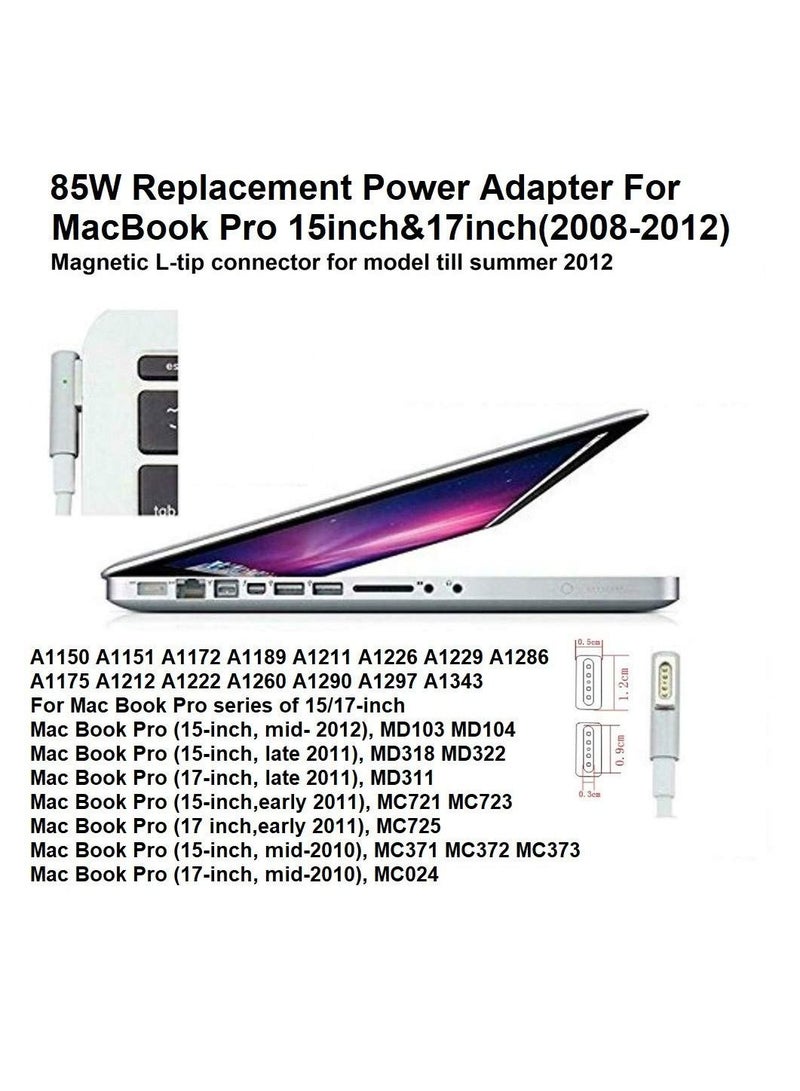 85W Replacement AC Power Adapter Charger L-Tip compatible with MacBook Pro 15/17-inch DC 18.5V-4.6A (Before Mid 2012 Models)  - Image 5