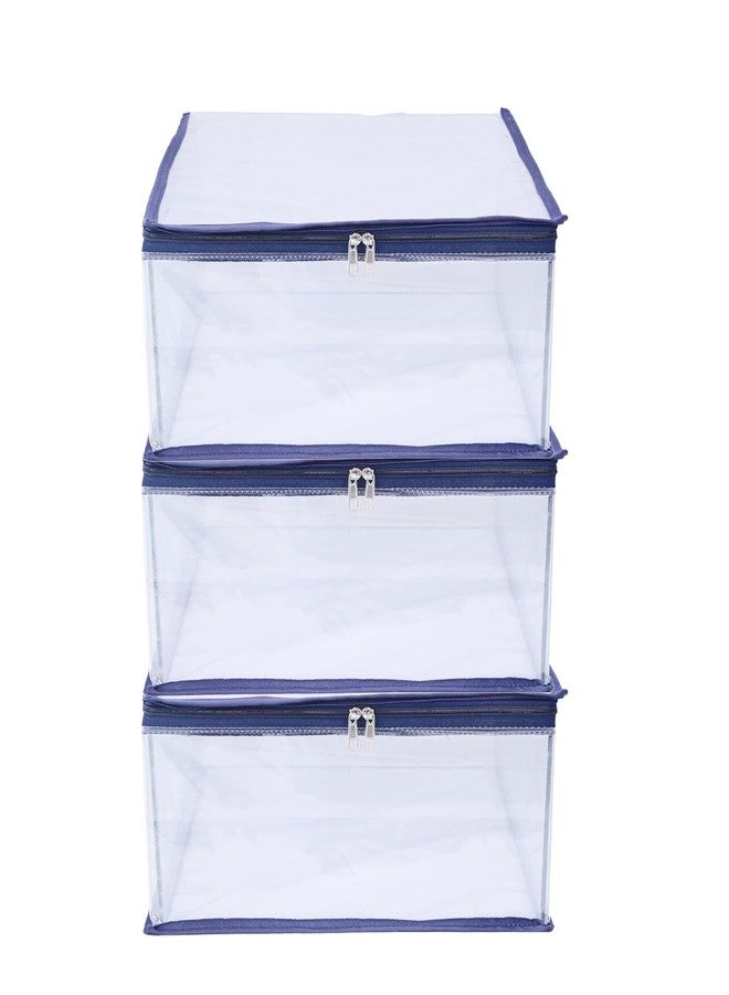ABBASI Saree Cover Storage Bag Big for Clothes with Zip Organizer for Wardrobe, transparent Large Design Boxes (Dark Blue, Pack of 3) - Image 1