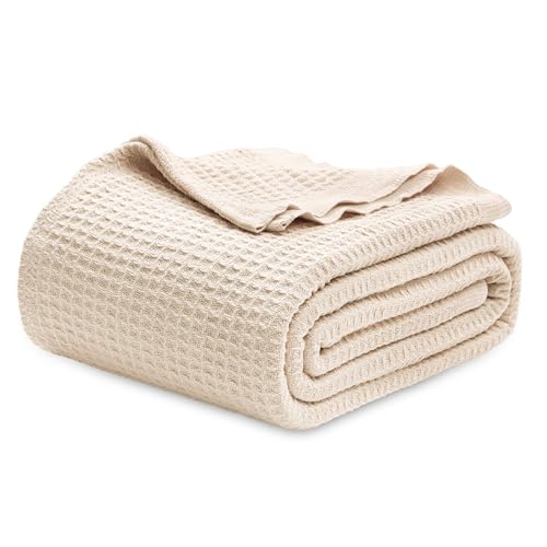 Bedsure Bedsure 100 Cotton Blanket Queen Size for Bed  Breathable and Soft Waffle Weave Blanket for Summer Spring Beige 90x90 Inches 