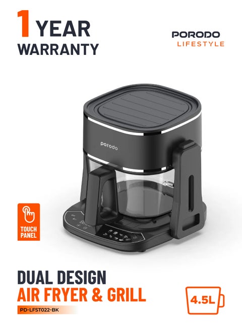 Air Fryer and Electric Grill 2 in 1 Machine with Looking through Basket / Airfryer 4.5L with 8 Preset Programs / Washable Glass Container / No Pre-Heat Needed / Oil-Free Crispy And Healthy Cooking / Temperature Control - Black