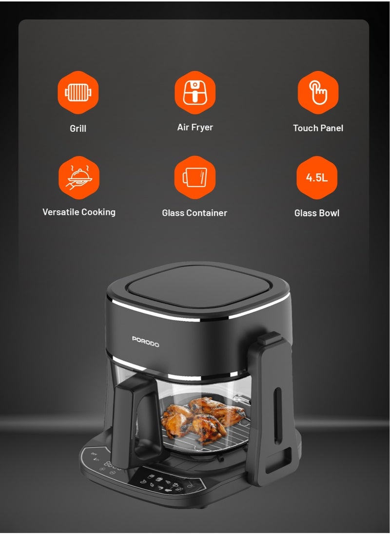 porodo - Air Fryer and Electric Grill 2 in 1 Machine with Looking through Basket / Airfryer 4.5L with 8 Preset Programs / Washable Glass Container / No Pre-Heat Needed / Oil-Free Crispy And Healthy Cooking / Temperature Control - Black - Image 1