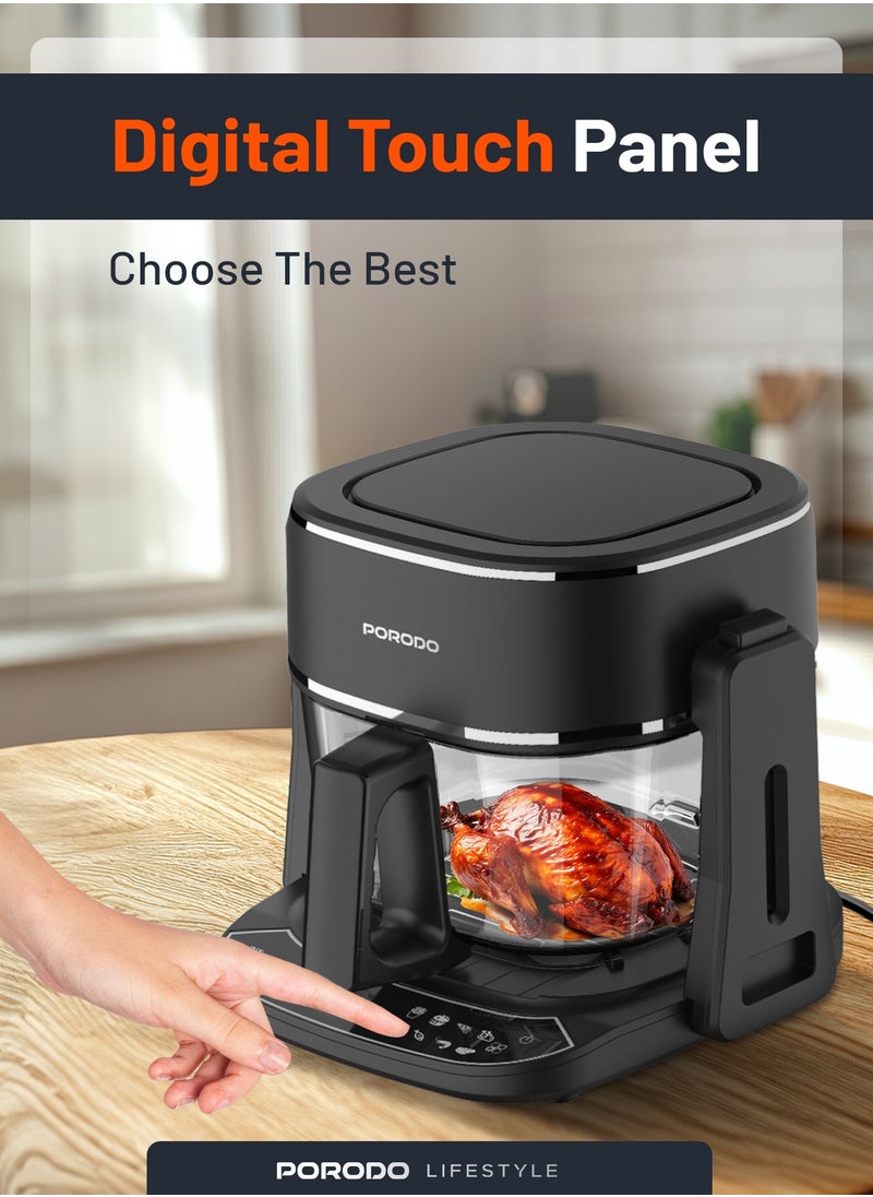 porodo - Air Fryer and Electric Grill 2 in 1 Machine with Looking through Basket / Airfryer 4.5L with 8 Preset Programs / Washable Glass Container / No Pre-Heat Needed / Oil-Free Crispy And Healthy Cooking / Temperature Control - Black - Image 1
