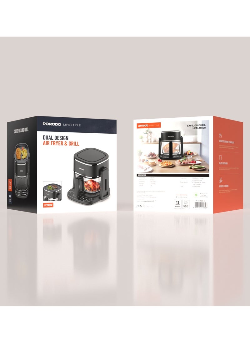 porodo - Air Fryer and Electric Grill 2 in 1 Machine with Looking through Basket / Airfryer 4.5L with 8 Preset Programs / Washable Glass Container / No Pre-Heat Needed / Oil-Free Crispy And Healthy Cooking / Temperature Control - Black - Image 1