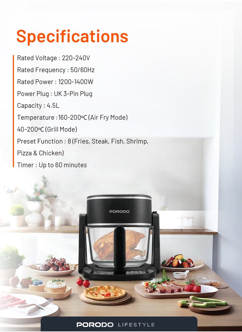 porodo - Air Fryer and Electric Grill 2 in 1 Machine with Looking through Basket / Airfryer 4.5L with 8 Preset Programs / Washable Glass Container / No Pre-Heat Needed / Oil-Free Crispy And Healthy Cooking / Temperature Control - Black - Image 1