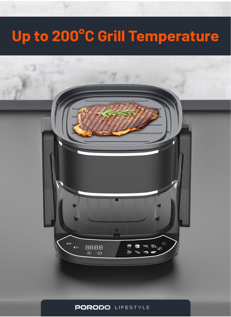 porodo - Air Fryer and Electric Grill 2 in 1 Machine with Looking through Basket / Airfryer 4.5L with 8 Preset Programs / Washable Glass Container / No Pre-Heat Needed / Oil-Free Crispy And Healthy Cooking / Temperature Control - Black - Image 1