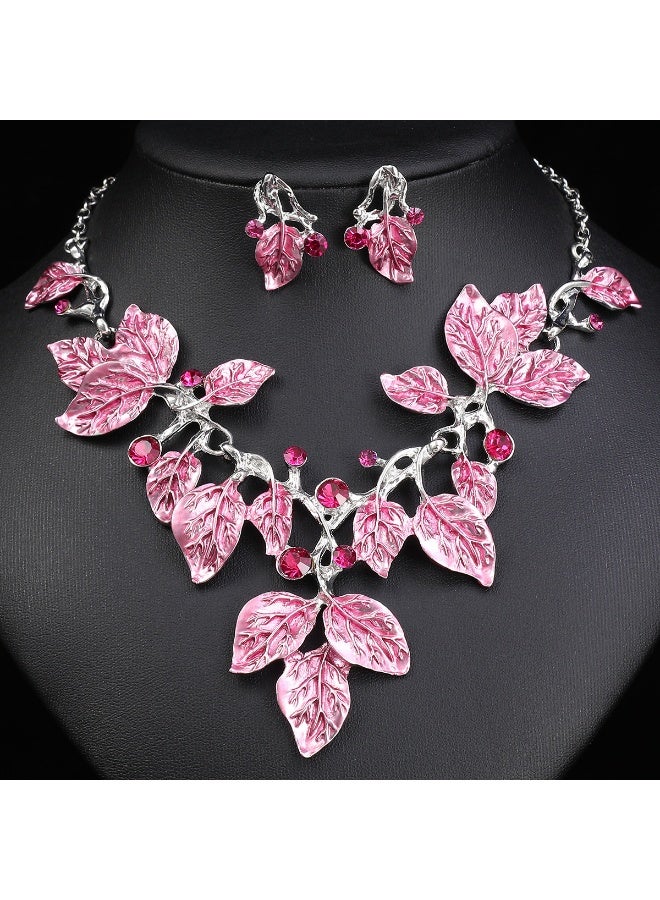 NIBEMINENT Leaf Design Diamond-Studded Paint Oil Alloy Necklace Set