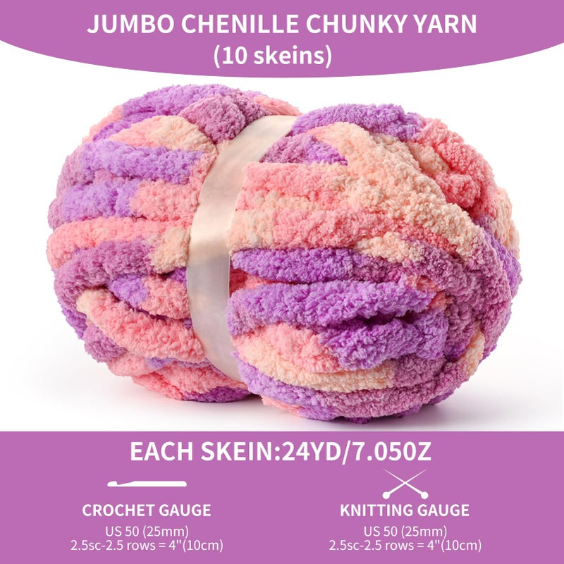 OMoiut 10 Pack Jumbo Chunky Yarn for Hand Knitting, Fluffy Variegated Chunky Chenille Yarn for Crocheting, 240yds/70.5oz Super Bulky Soft Crochet Baby Blanket Yarn(Pinkish Purple) - Image 2