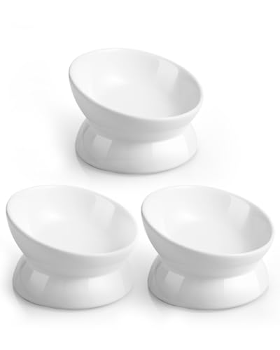 LoeJan Elevated Cat Food Bowl, 5 Oz Ceramic Raised and Tilted Water Bowl, Anti Vomiting and Protect Pets' Spines Dishes for Small Dog, Fat Faced Cat, Kitten (White, 3 Pack) - Image 2