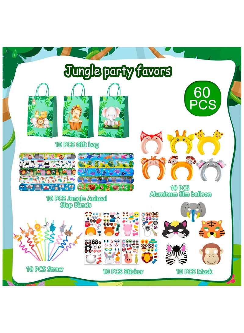 FRUITFUL PARTY Jungle Safari Party Favors for 10 Guests, 60pcs Jungle Safari Birthday Party Favors Set Includes Safari Party Slap Bracelets Stickers Straws Balloon, Animal Mask, Safari Goodie Bags etc Jungle Party Favors  - Image 2