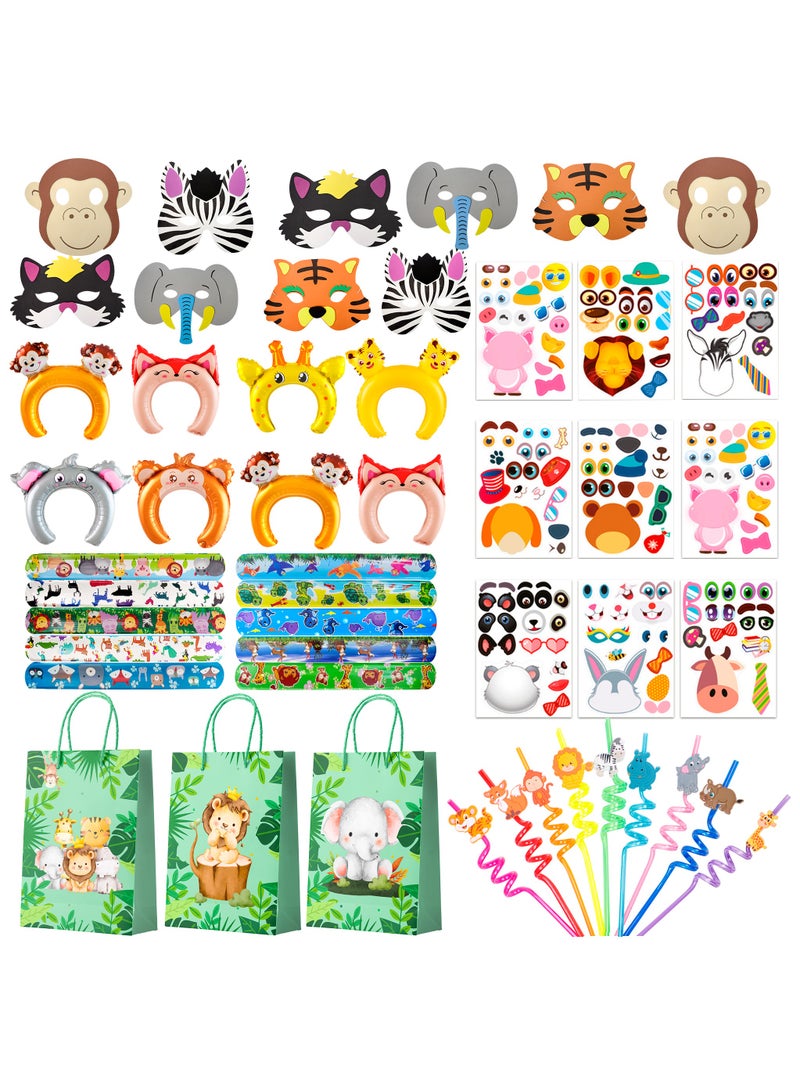 FRUITFUL PARTY Jungle Safari Party Favors for 10 Guests, 60pcs Jungle Safari Birthday Party Favors Set Includes Safari Party Slap Bracelets Stickers Straws Balloon, Animal Mask, Safari Goodie Bags etc Jungle Party Favors  - Image 1