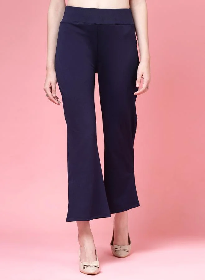 بوز PAUSE Women Navy Blue Solid High-Rise Flared Pants