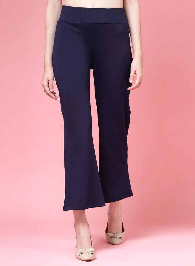 PAUSE PAUSE Women Navy Blue Solid High-Rise Flared Pants - Image 1