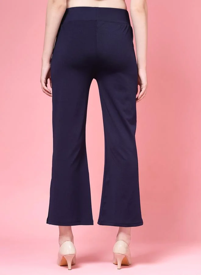 PAUSE PAUSE Women Navy Blue Solid High-Rise Flared Pants