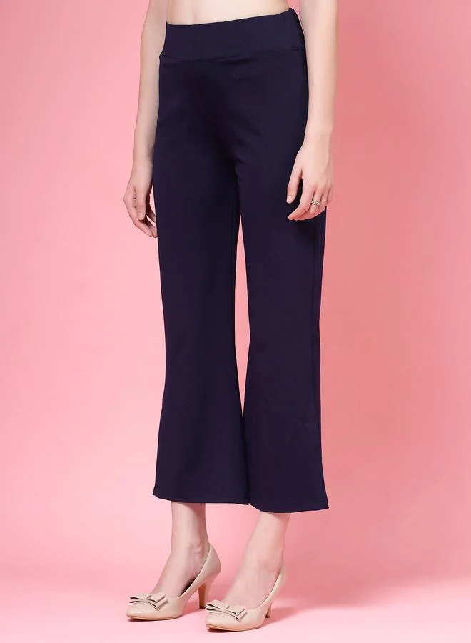 بوز PAUSE Women Navy Blue Solid High-Rise Flared Pants