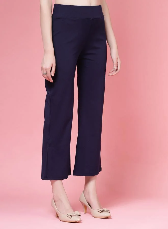 PAUSE PAUSE Women Navy Blue Solid High-Rise Flared Pants