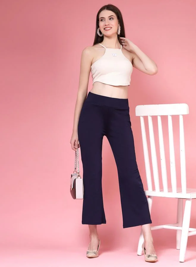 PAUSE PAUSE Women Navy Blue Solid High-Rise Flared Pants