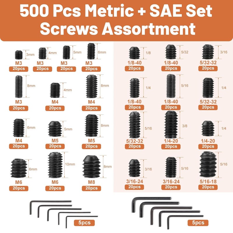 Hapric 500 Pcs 25 Size Set Screws Metric&SAE Set Screw Assortment Kit 12.9 Alloy Steel Head Socket Metric Set Screws for Bathroom Fixtures Door Handles(M3-M8, 1/8"-40 to 5/16"-18) - Image 2