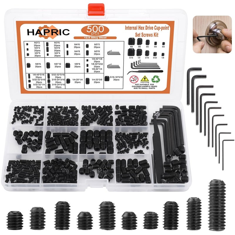 Hapric 500 Pcs 25 Size Set Screws Metric&SAE Set Screw Assortment Kit 12.9 Alloy Steel Head Socket Metric Set Screws for Bathroom Fixtures Door Handles(M3-M8, 1/8"-40 to 5/16"-18) - Image 1