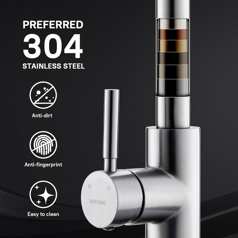 WEWE Single Handle High Arc Brushed Nickel Pull Out Kitchen Faucet,Single Level Stainless Steel Kitchen Sink Faucets with Pull Down Sprayer,Suitable for Laundry Rv Bar - Image 5