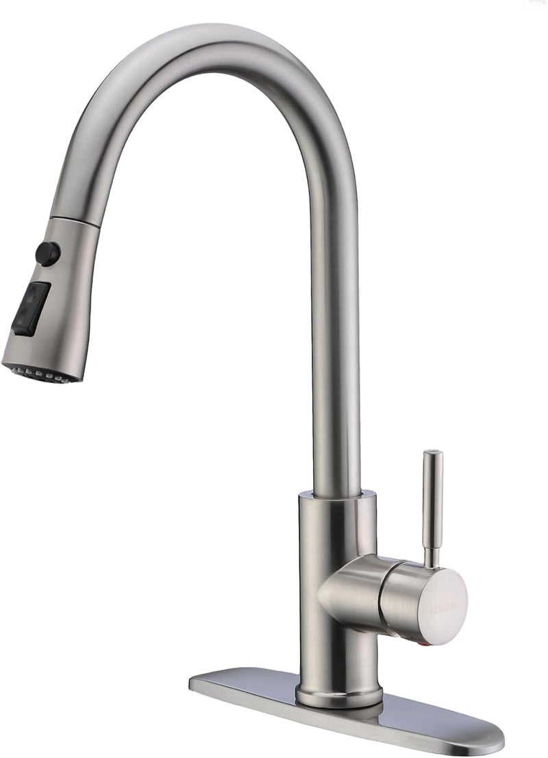WEWE Single Handle High Arc Brushed Nickel Pull Out Kitchen Faucet,Single Level Stainless Steel Kitchen Sink Faucets with Pull Down Sprayer,Suitable for Laundry Rv Bar - Image 1