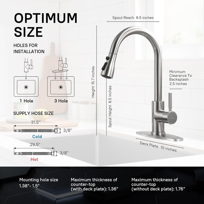 WEWE Single Handle High Arc Brushed Nickel Pull Out Kitchen Faucet,Single Level Stainless Steel Kitchen Sink Faucets with Pull Down Sprayer,Suitable for Laundry Rv Bar - Image 3
