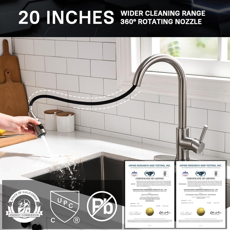 WEWE Single Handle High Arc Brushed Nickel Pull Out Kitchen Faucet,Single Level Stainless Steel Kitchen Sink Faucets with Pull Down Sprayer,Suitable for Laundry Rv Bar - Image 2