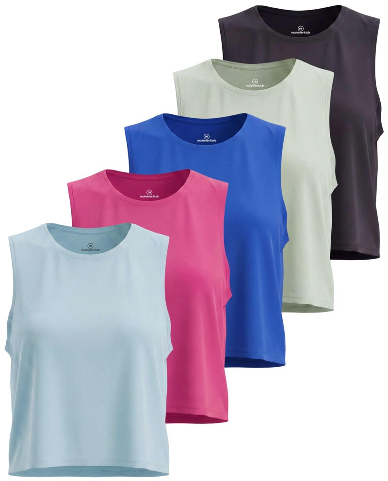 REALESSENTIALS Real Essentials 5 Pack Womens Dry Fit Crop Summer Tank Top  Gym Yoga Workout Sports Tee Available in Plus Size Set 10 M - Image 3