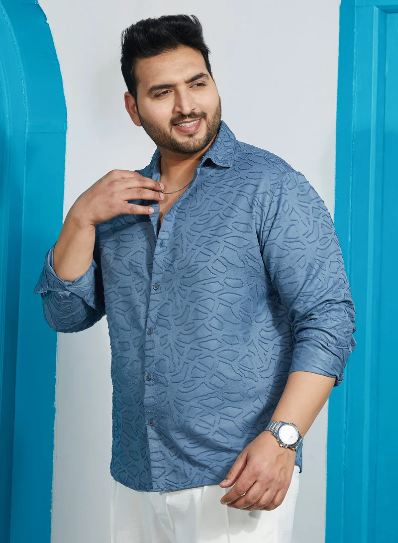 Instafab Plus Men's Steel Blue Abstract-Edge Shirt For Casual Wear | Spread Collar | Long Cuffed Sleeves | Button Closure | Plus Size Shirt Crafted With Comfort Fit For Everyday Wear