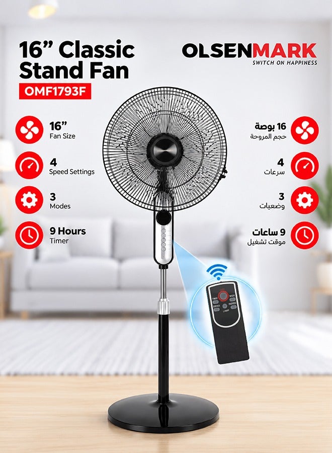 Olsenmark 16" Classic Stand Fan With Remote Stand/Fan With Remote Control OMF1793, Pedestal Fans With 3 Modes, Efficient 70 W Motor For Better Cooling, Timer,7 Leaf Blades 70 W OMF1793 Black - Image 1