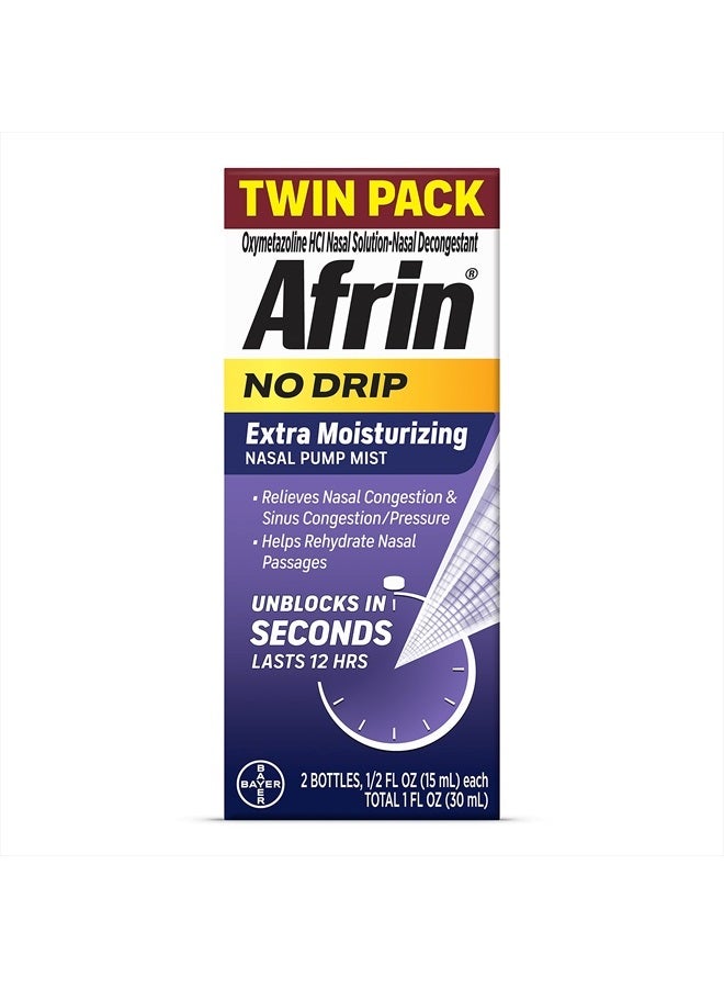 Afrin No Drip Extra Moisturizing Pump Nasal Mist Twin Pack, - Nasal Relief Spray For Nose Congestion and Nasal Relief, 1 Fluid Ounce Total (0.5 FL OZ Bottles) (Packaging May Vary) - Image 1