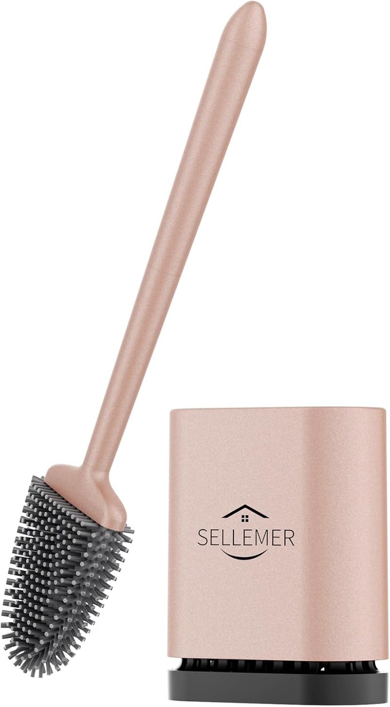 Sellemer مجموعة فرشاة وحامل المرحاض من Sellemer - رأس فرشاة مرحاض مرن بشعيرات سيليكون، حجم مضغوط للتخزين والتنظيم، قاعدة ذات فتحات تهوية (عبوة واحدة، وردي ذهبي) - Image 1