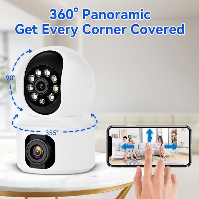 TP PLUS كاميرا CCTV ذكية بزاوية 360° ودقة 1080p بعدستين مزدوجتين، كاميرا أمان منزلية، رؤية مزدوجة، دوران بان وتيلت، محادثة ثنائية الاتجاه، تتبع تلقائي، كشف الحركة، كاميرا CCTV داخلية (كاميرا MI ذات العدستين) - Image 4