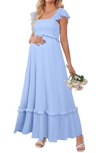 OUGES Womens 2025 Summer Maternity Baby Shower Dress Casual Boho Maxi Smocked Maternity Photoshoot Dresses Ruffle Sleeve Square Neck Gender Reveal Dress Pregnancy Must Have Clothes (Sky Blue,XL) - Image 1