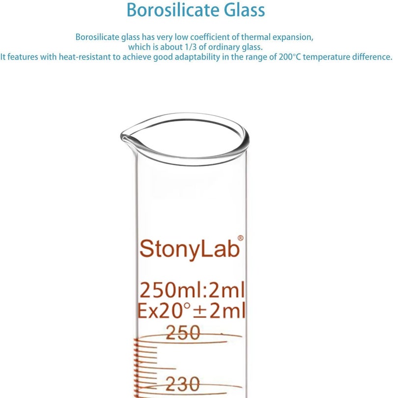 stonylab أسطوانة مدرجة 1-عبوة، زجاج بوروسيليكات 250 مل، أسطوانة قياس زجاجية ذات جدار سميك - Image 2