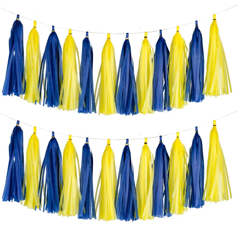 Aimto 20pcs Blue and Yellow Shiny Tassel Garland Banner Tissue Paper Tassels for Party Decorations