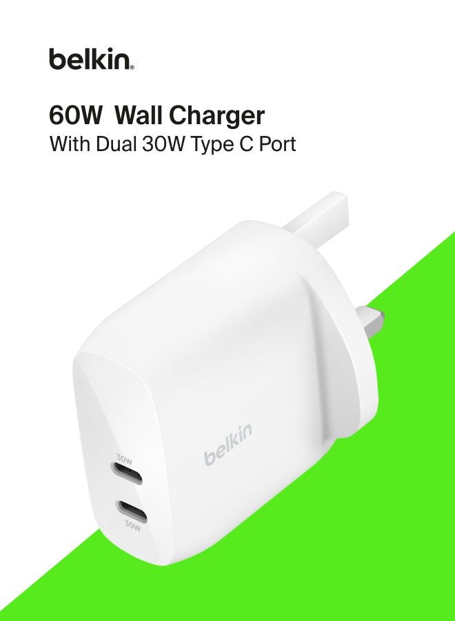 belkin BoostCharge dual USB-C plug with PPS, 60W phone charger for iPhone 17/16 iPad, Samsung Galaxy, Google Pixel, MacBook - compatible w/ USB-C to lightning cable & USB-C to USB-C - white White - Image 1