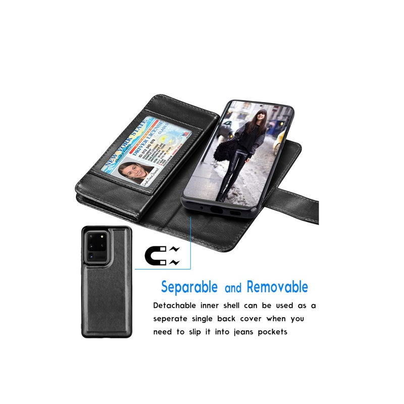 Zikra Case for Galaxy S20,  Luxury PU Leather Carrying Flip Cover [Detachable Magnetic Hard Case] & Kickstand [Black] - Image 3