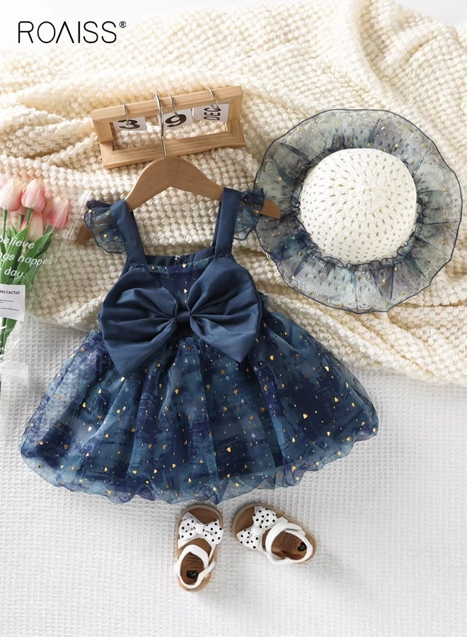 roaiss Girls 2PCS Summer Dress Set, Ruffle Sleeve Square Neck Dress and Sunhat Set, Stylish A-line Tulle Dress with Big Bowknot, Elegant Chic Frock for Girls, Suitable for Daily Wear, Vacations or Any Occasion - Image 1