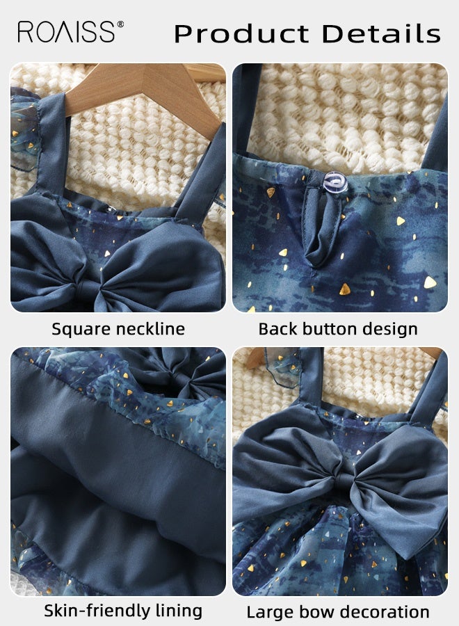 roaiss Girls 2PCS Summer Dress Set, Ruffle Sleeve Square Neck Dress and Sunhat Set, Stylish A-line Tulle Dress with Big Bowknot, Elegant Chic Frock for Girls, Suitable for Daily Wear, Vacations or Any Occasion - Image 4