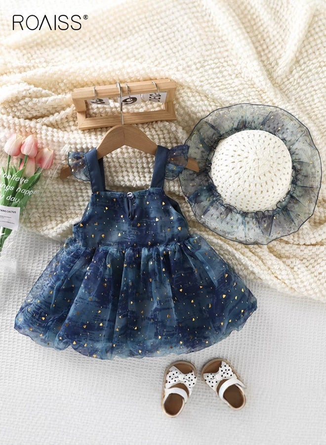 roaiss Girls 2PCS Summer Dress Set, Ruffle Sleeve Square Neck Dress and Sunhat Set, Stylish A-line Tulle Dress with Big Bowknot, Elegant Chic Frock for Girls, Suitable for Daily Wear, Vacations or Any Occasion - Image 2