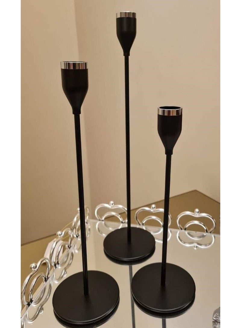 طقم شمعدان مكون من 3 قطع ارتفاعات مختلفة -أسود بإطار ذهبي - Image 1