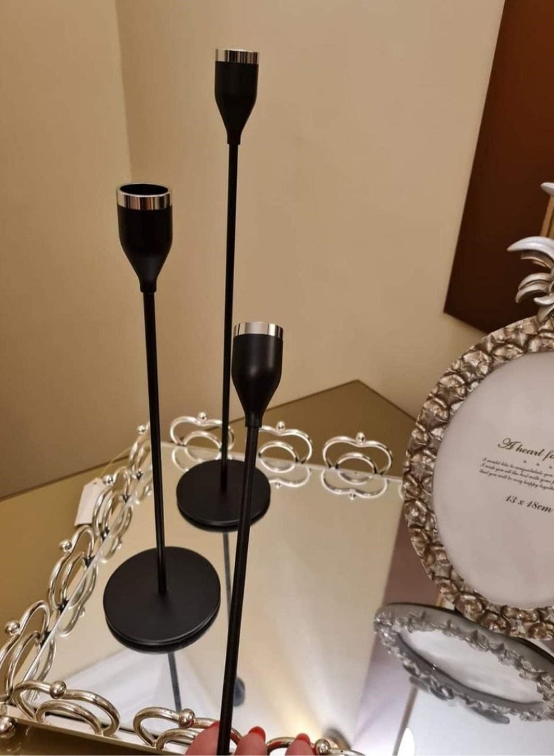 طقم شمعدان مكون من 3 قطع ارتفاعات مختلفة -أسود بإطار ذهبي - Image 2