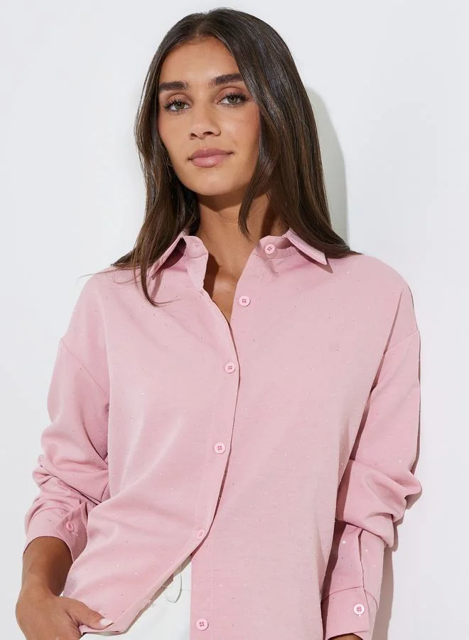 ستايلي Pink Embellished Long Sleeves Oversized Shirt